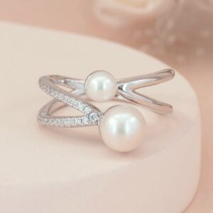 Sterling Silver Diamond Cut Zirconia Real Pearl Ring Gift for Women